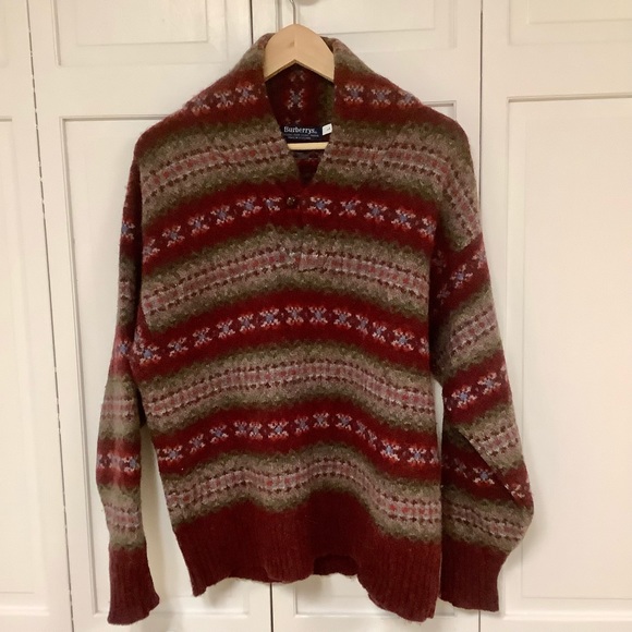 Burberrys Made in Scotland Fair Isle Wool Shawl Collar Sweater L Vintage 70s-80s - Picture 2 of 15